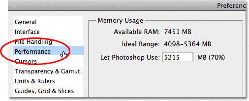Las preferencias de rendimiento en Photoshop CS5.