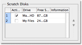 La sección Scratch Disks en Preferencias en Photoshop CS5.
