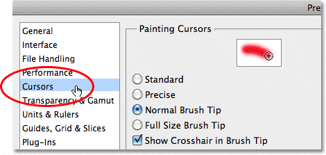 La categoría Preferencias de cursores en Photoshop CS5.