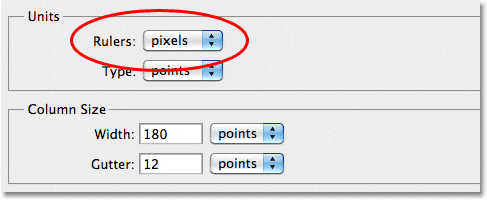 Cambiar la unidad de medida de las Reglas a Píxeles en las Preferencias en Photoshop CS5.