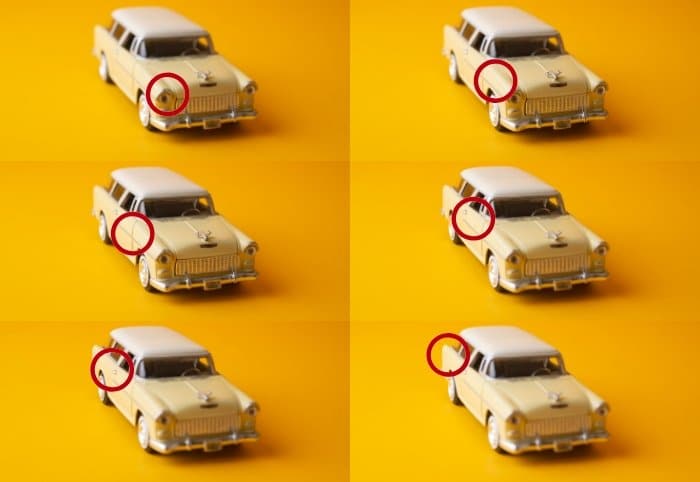Cuadrícula de 6 imágenes de un coche de juguete con un círculo que indica el plano focal de cada