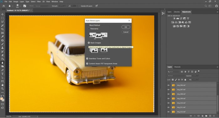 Una captura de pantalla de capas de fusión automática en Photoshop