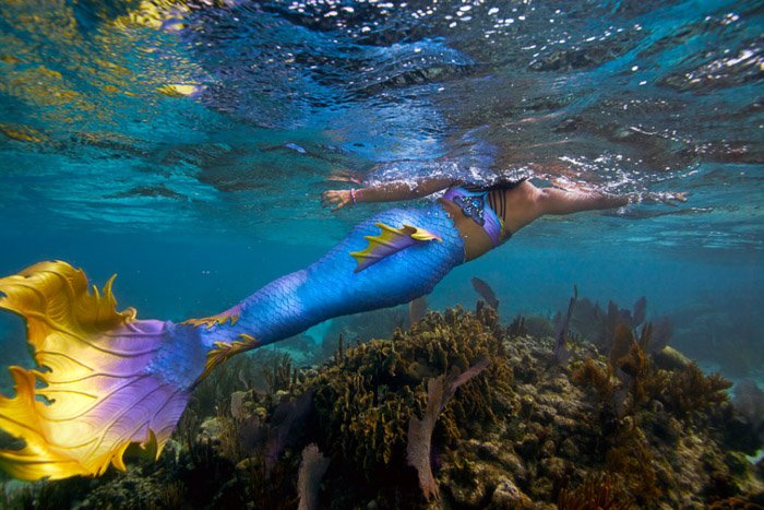 Retrato submarino de ensueño de un modelo femenino con cola de sirena de colores brillantes