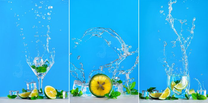Salpicadura de agua dinámica con un vaso de mojito o limonada sobre un fondo azul brillante.  Refrescante concepto de bebida de verano con espacio para copiar.