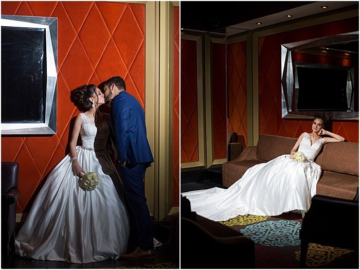 Un díptico de retrato de boda de la pareja de recién casados ​​besándose y la novia relajándose en un sofá - fotografía con flash de boda
