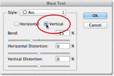 Seleccionando la opción Vertical en el cuadro de diálogo Deformar texto.