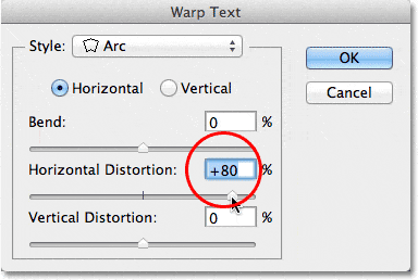 Aumento de la distorsión horizontal al 80% en el cuadro de diálogo Deformar texto.