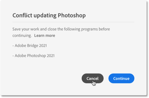 El mensaje Conflict Updating Photoshop