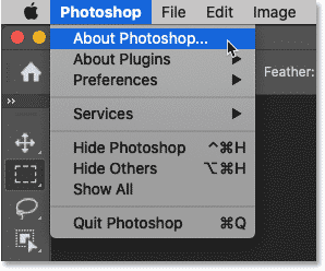 Seleccionar Acerca de Photoshop para ver el número de versión de Photoshop