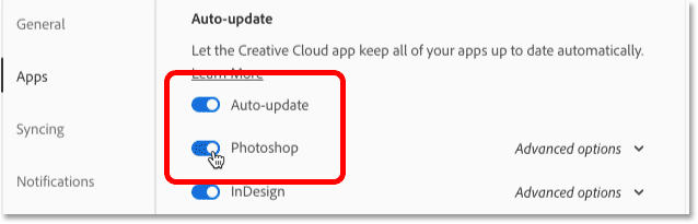 Activar las opciones de actualización automática y Photoshop en las preferencias de la aplicación Creative Cloud