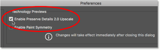 La versión superior Habilitar Preserve Details 2.0 Upscale en las Preferencias de Photoshop