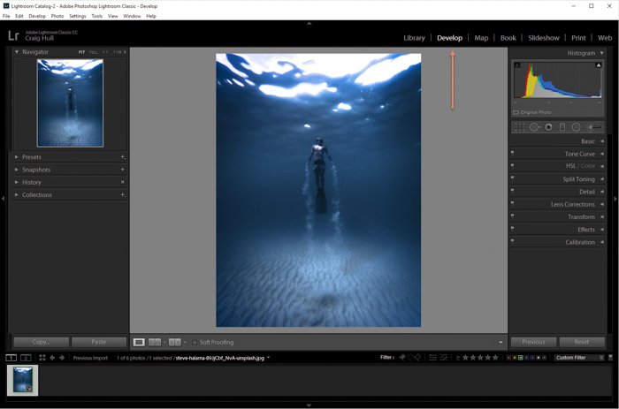 Una captura de pantalla de la apertura de una imagen para editarla en Lightroom