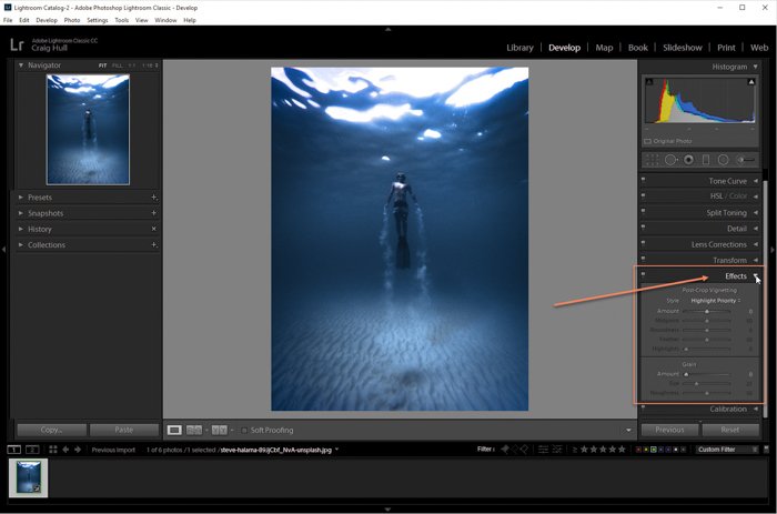 Una captura de pantalla de la edición de una imagen con el panel de efectos en Lightroom