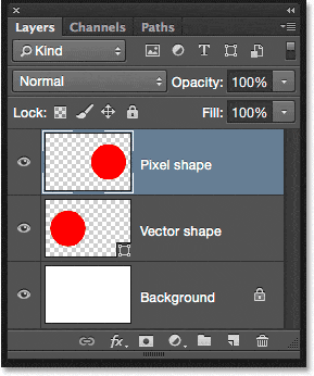 El panel Capas que muestra las formas de píxeles y vectores en capas separadas.