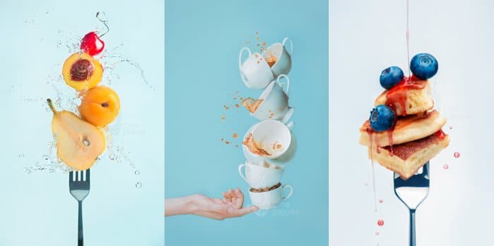 Tríptico de fotografía de comida que muestra comida congelada y fotografía de salpicaduras de agua en tenedores