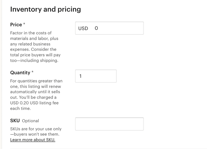 Una captura de pantalla del inventario y los precios para vender fotos en etsy