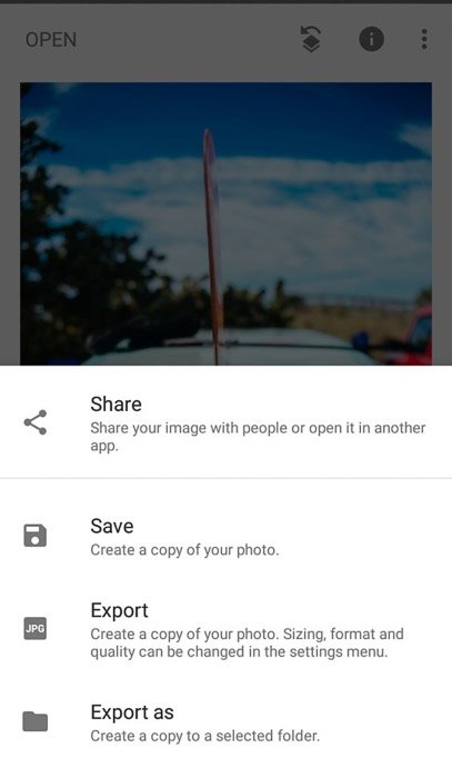 Una captura de pantalla de cómo exportar fotos en Snapseed