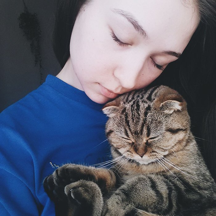 Un dulce retrato de una modelo femenina posando con un gato atigrado - fotografía de mascotas con teléfonos inteligentes
