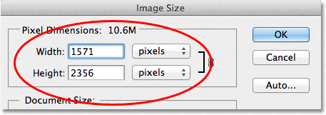 El cuadro de diálogo Tamaño de la imagen que muestra las dimensiones en píxeles de la imagen.  Imagen © 2012 Photoshop Essentials.com