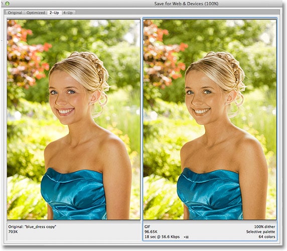 El modo de vista previa 2-Up en el cuadro de diálogo Guardar para Web y dispositivos.  Imagen © 2012 Photoshop Essentials.com