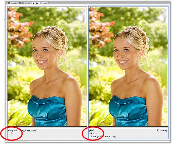 Comparación de tamaños de archivo entre las versiones original y optimizada de la imagen.  Imagen © 2012 Photoshop Essentials.com
