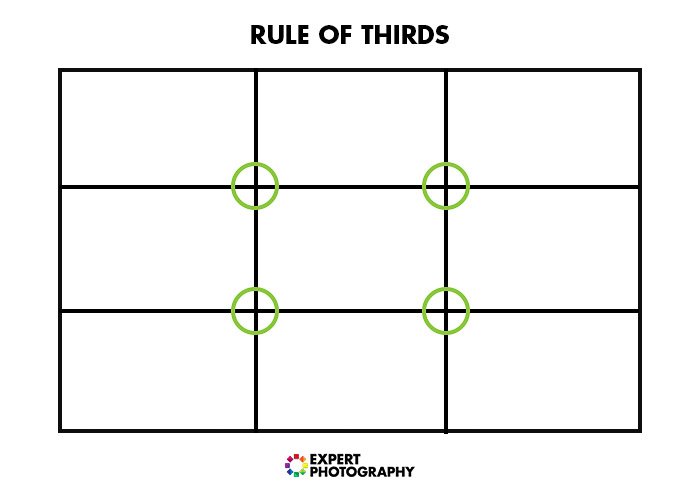 Un diagrama que explica la regla de los tercios en la composición de fotografías para obtener mejores fotografías de alimentos.