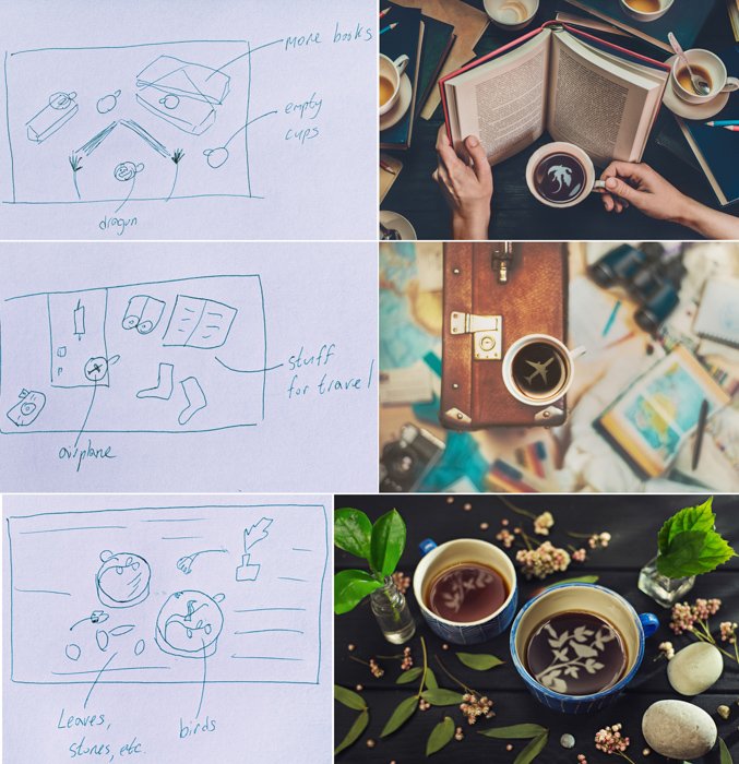 una cuadrícula de fotos que incluye bocetos y fotos de bodegones creativos con reflejos geniales en una taza de café