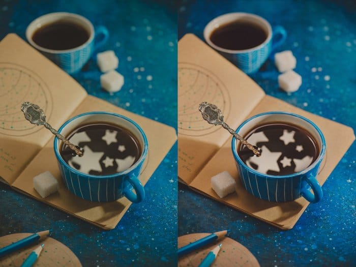 un díptico creativo de naturaleza muerta con reflejos en forma de estrella en una taza de café