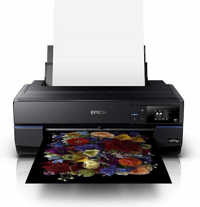Impresora Epson imprimiendo una foto de flores de colores brillantes