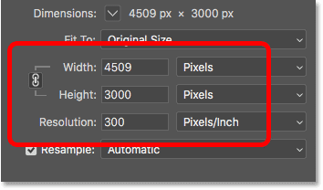Las opciones de ancho, alto y resolución en el cuadro de diálogo Tamaño de imagen en Photoshop