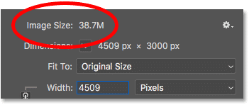 El tamaño de la imagen, en megabytes, se muestra en el cuadro de diálogo Tamaño de imagen de Photoshop.