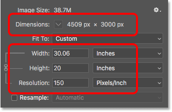 Reducir la resolución de la imagen aumenta el tamaño de impresión en el cuadro de diálogo Tamaño de imagen en Photoshop