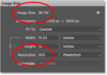 El aumento de la resolución de impresión en el cuadro de diálogo Tamaño de imagen no tiene ningún efecto sobre el tamaño del archivo de imagen.