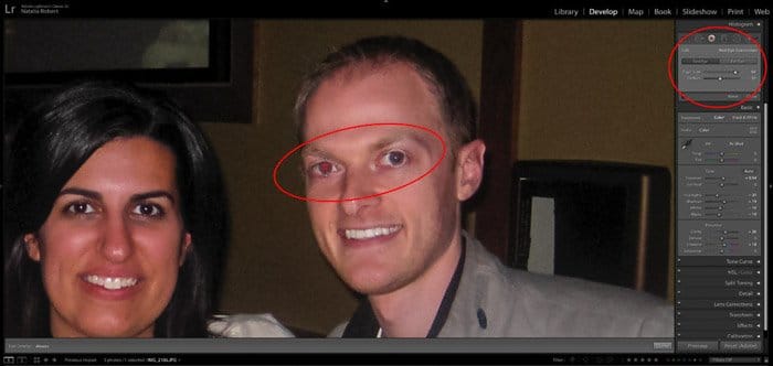 Una captura de pantalla que muestra cómo corregir los ojos rojos en la fotografía de retrato con lightroom: eliminación de ojos rojos