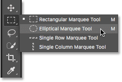 El menú desplegable de la barra de herramientas de Photoshop enumera las herramientas anidadas.