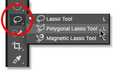 La barra de herramientas de Photoshop que muestra la herramienta Lazo, la herramienta Lazo poligonal y la herramienta Lazo magnético.