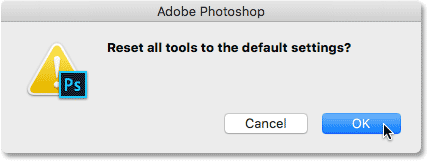 El cuadro de diálogo 'Restablecer todas las herramientas a la configuración predeterminada' en Photoshop.