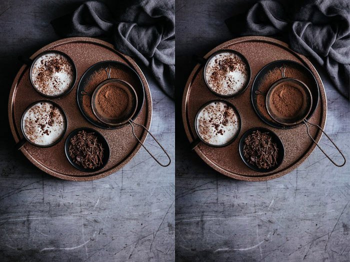 Un díptico de imágenes de alimentos que compara la foto del antes y el después de una imagen redimensionada para Facebook