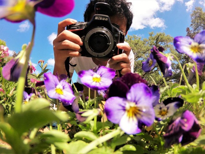 Un fotógrafo que utiliza anillos de inversión para la fotografía macro de flores.