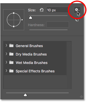 Al hacer clic en el icono de engranaje en el Selector de ajustes preestablecidos de pincel de Photoshop para abrir el menú.