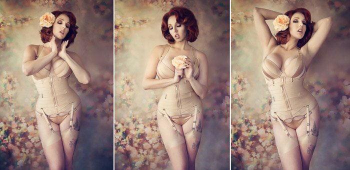 Tríptico de fotografía de tocador de autorretrato sensual de una modelo femenina posando en un lujoso interior