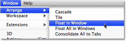 Seleccionando la opción Flotar en ventana en Photoshop CS4.