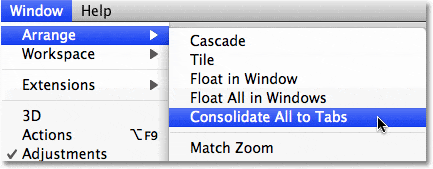 La opción Consolidar todo en pestañas en Photoshop CS4.