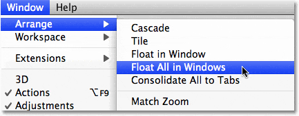 Seleccionando la opción Flotar todo en Windows en Photoshop CS4.