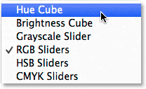 Seleccionando Hue Cube en el menú del panel Color.