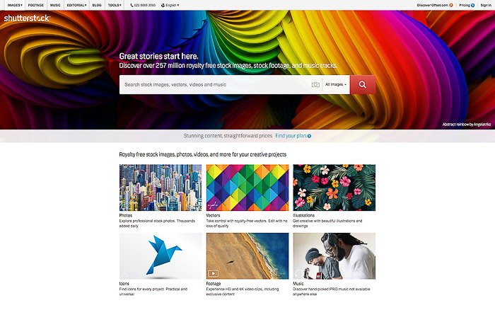 Una captura de pantalla de la página de inicio de Shutterstock: venda fotos en línea a agencias de bolsa