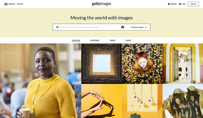Una captura de pantalla de la página de inicio de Getty Images: vende fotos en línea a agencias de bolsa
