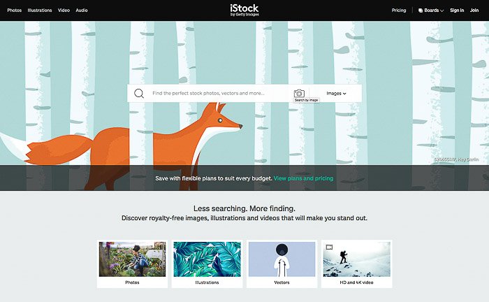 Una captura de pantalla de la página de inicio de iStock Photos: vende fotos en línea a sitios web de stock