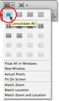 La opción Consolidar todo en el menú Organizar documentos en Photoshop CS4.