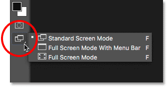 Ver los modos de pantalla en la parte inferior de la barra de herramientas en Photoshop.